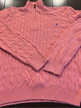 Ralph Lauren Pink Cable-Knit Quarter-Zip Sweater 100% Tussan Silk